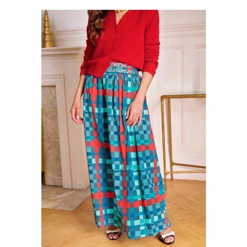 Sheridan French Anthropologie Wesley Plaid Maxi Skirt in Teal and Red